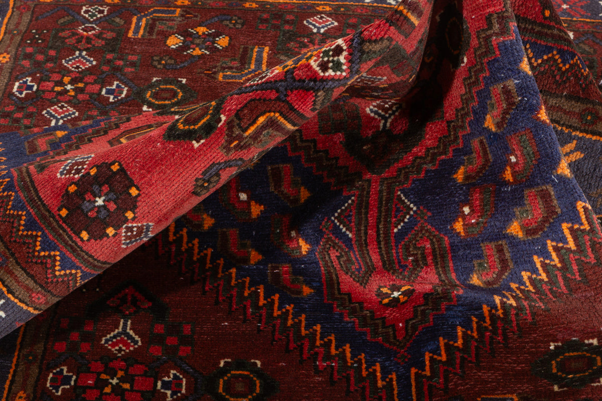 Vintage Rust Red, Navy Blue, Coral Geometric Medallion Hand-Knotted Area Rug – 6' 4" x 3' 11" (193 x 120 cm)