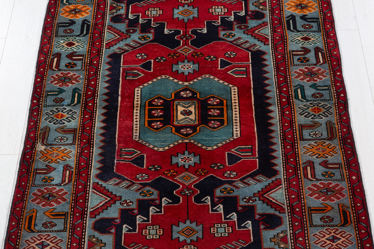 Rare Vintage Navy Blue, Red, Turquoise Geometric Medallion Hand-Knotted Area Rug – 6' 7" x 3' 11" (200 x 120 cm)
