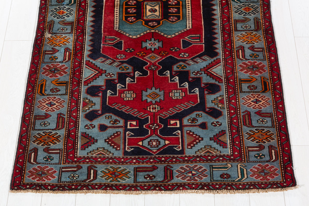 Rare Vintage Navy Blue, Red, Turquoise Geometric Medallion Hand-Knotted Area Rug – 6' 7" x 3' 11" (200 x 120 cm)
