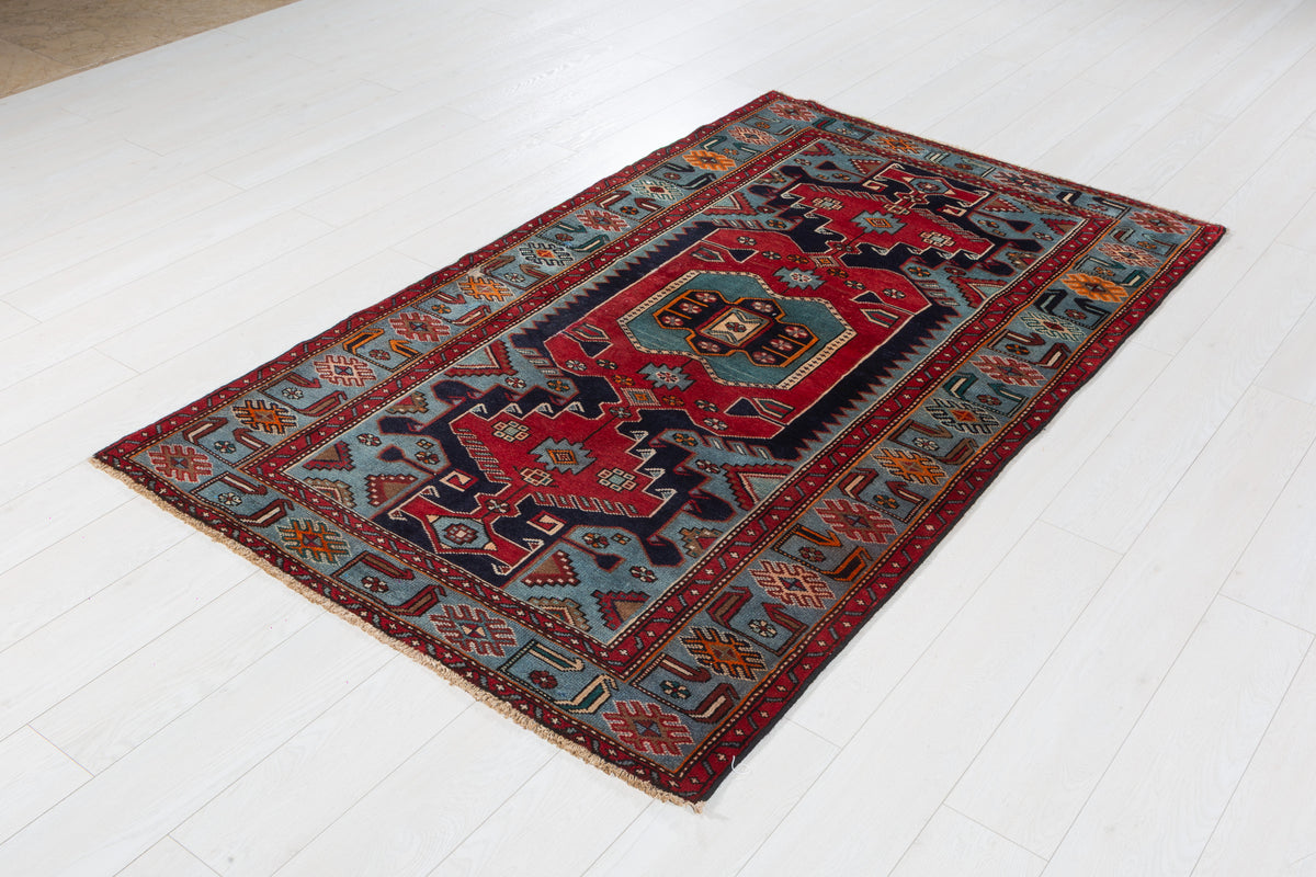 Rare Vintage Navy Blue, Red, Turquoise Geometric Medallion Hand-Knotted Area Rug – 6' 7" x 3' 11" (200 x 120 cm)