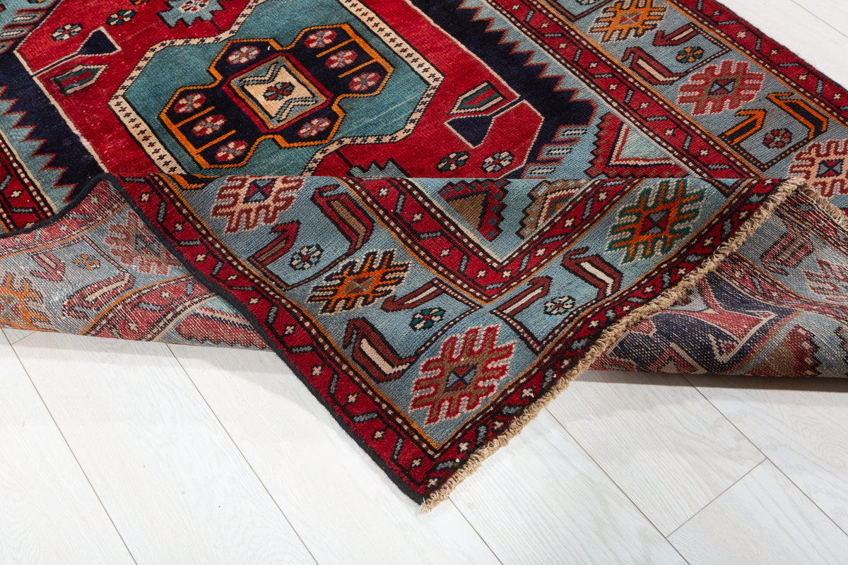 Rare Vintage Navy Blue, Red, Turquoise Geometric Medallion Hand-Knotted Area Rug – 6' 7" x 3' 11" (200 x 120 cm)