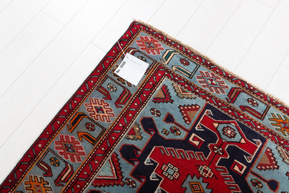 Rare Vintage Navy Blue, Red, Turquoise Geometric Medallion Hand-Knotted Area Rug – 6' 7" x 3' 11" (200 x 120 cm)
