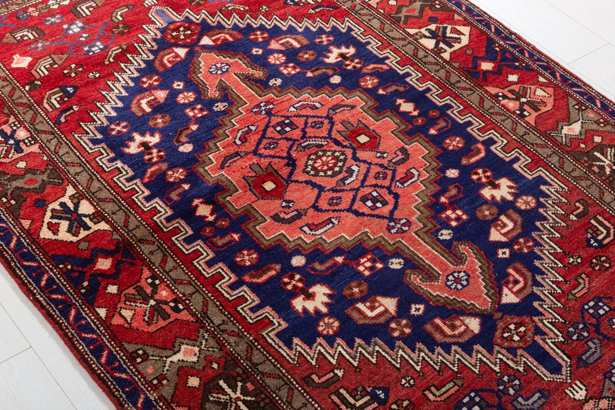 Rare Vintage Red, Navy Blue Central Medallion Hand-Knotted Area Rug – 6' 5" x 4' 1" (196 x 124 cm)
