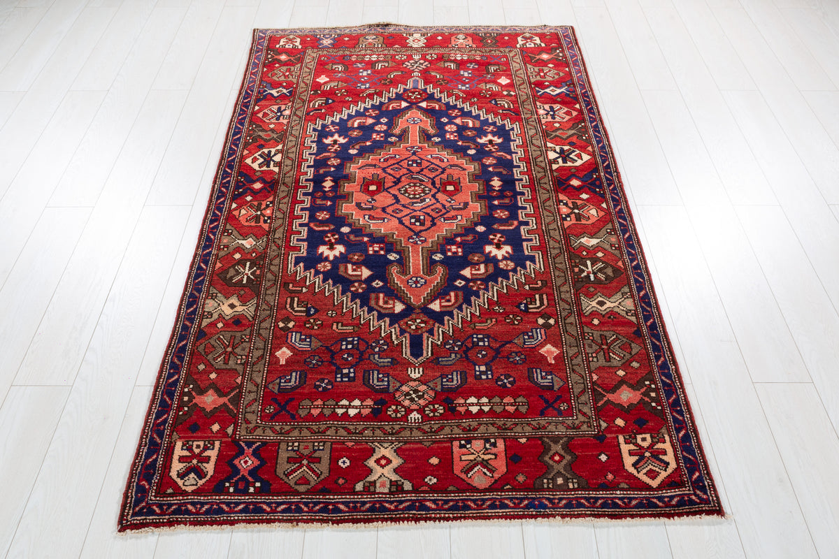 Rare Vintage Red, Navy Blue Central Medallion Hand-Knotted Area Rug – 6' 5" x 4' 1" (196 x 124 cm)