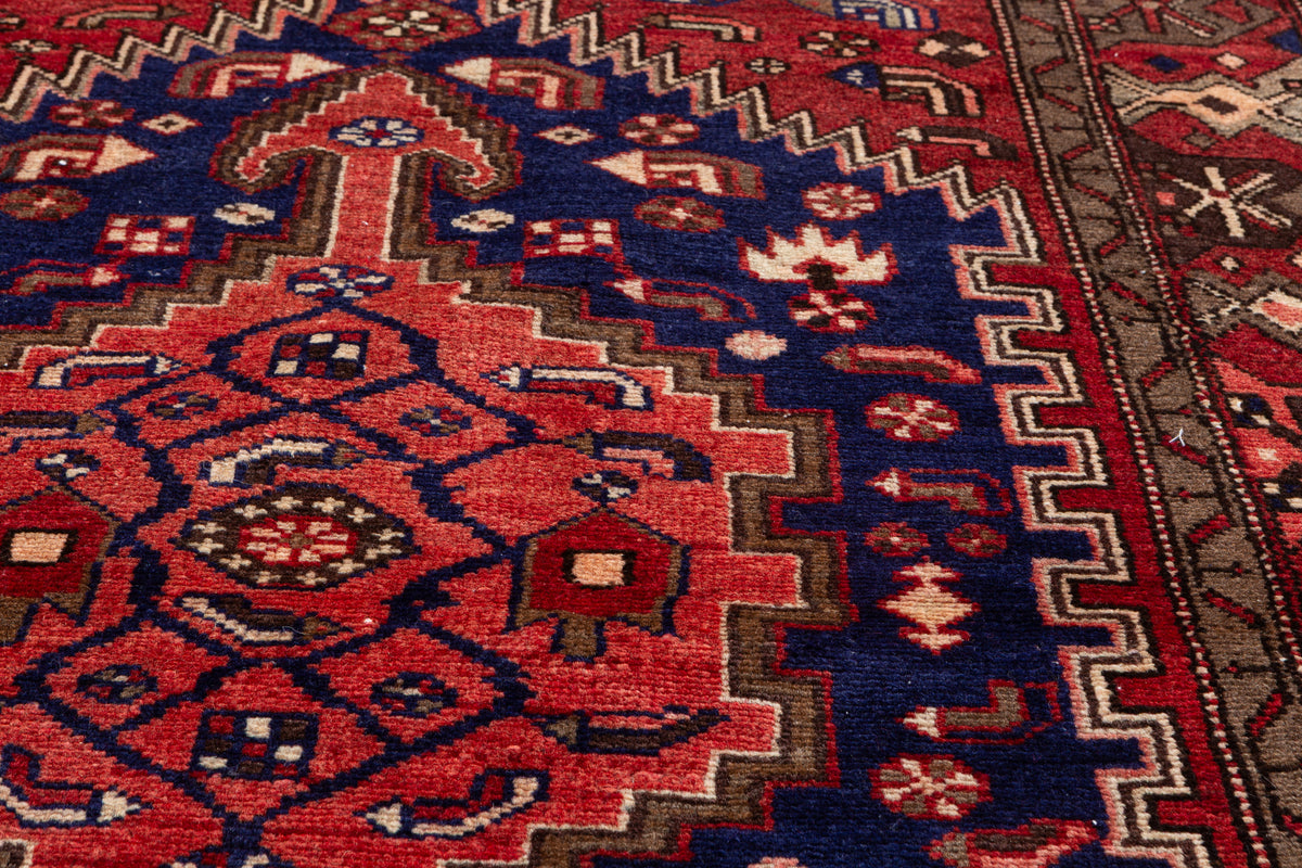 Rare Vintage Red, Navy Blue Central Medallion Hand-Knotted Area Rug – 6' 5" x 4' 1" (196 x 124 cm)