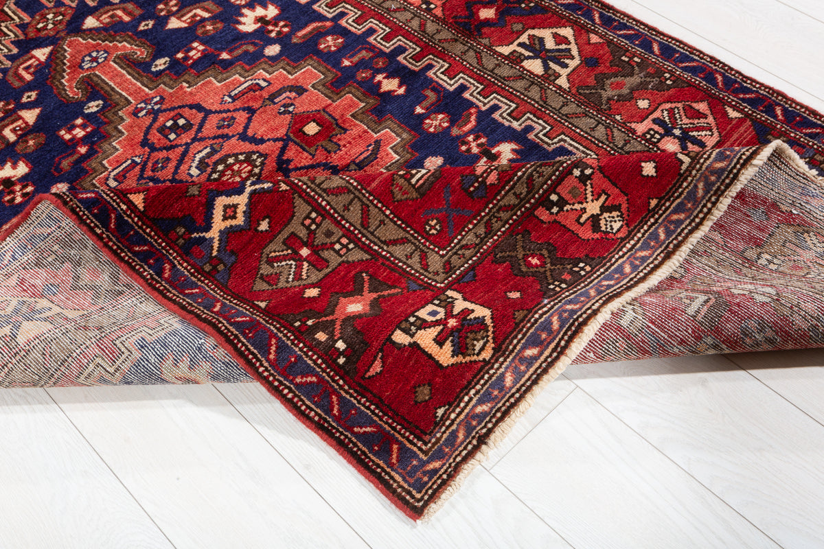 Rare Vintage Red, Navy Blue Central Medallion Hand-Knotted Area Rug – 6' 5" x 4' 1" (196 x 124 cm)