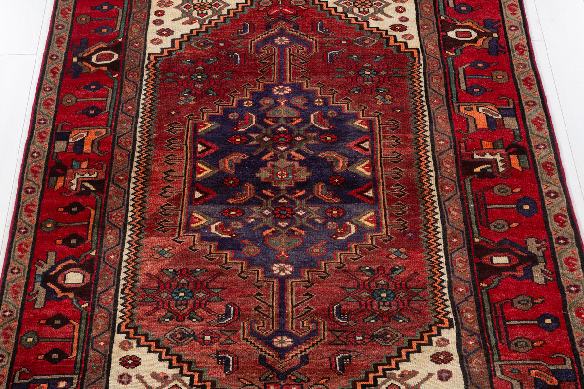Rare Semi-Antique Rust Red, Navy Blue, Beige Central Medallion Hand-Knotted Area Rug – 6' 9" x 4' 7" (207 x 140 cm)