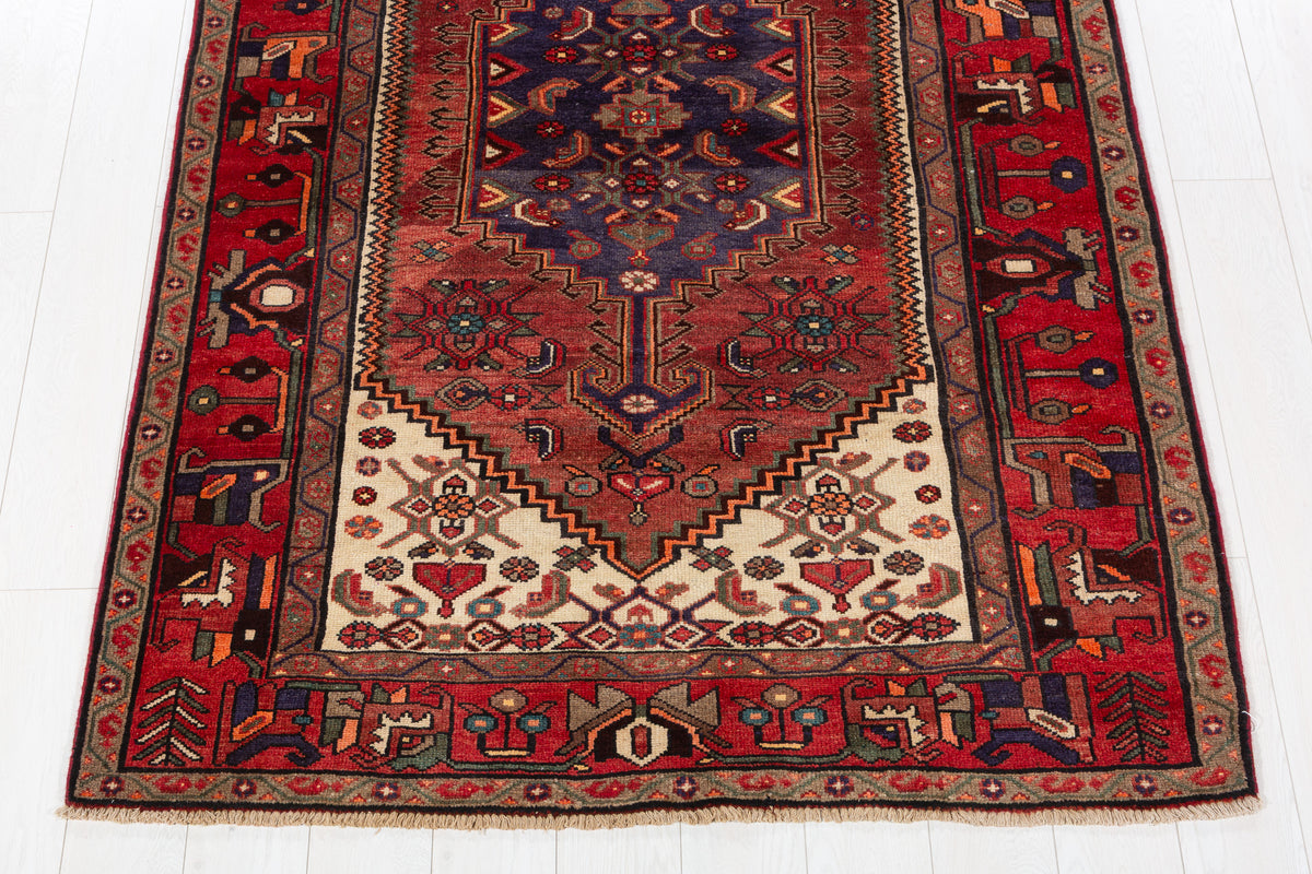 Rare Semi-Antique Rust Red, Navy Blue, Beige Central Medallion Hand-Knotted Area Rug – 6' 9" x 4' 7" (207 x 140 cm)