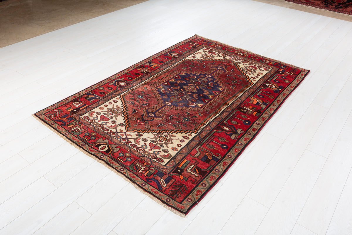 Rare Semi-Antique Rust Red, Navy Blue, Beige Central Medallion Hand-Knotted Area Rug – 6' 9" x 4' 7" (207 x 140 cm)