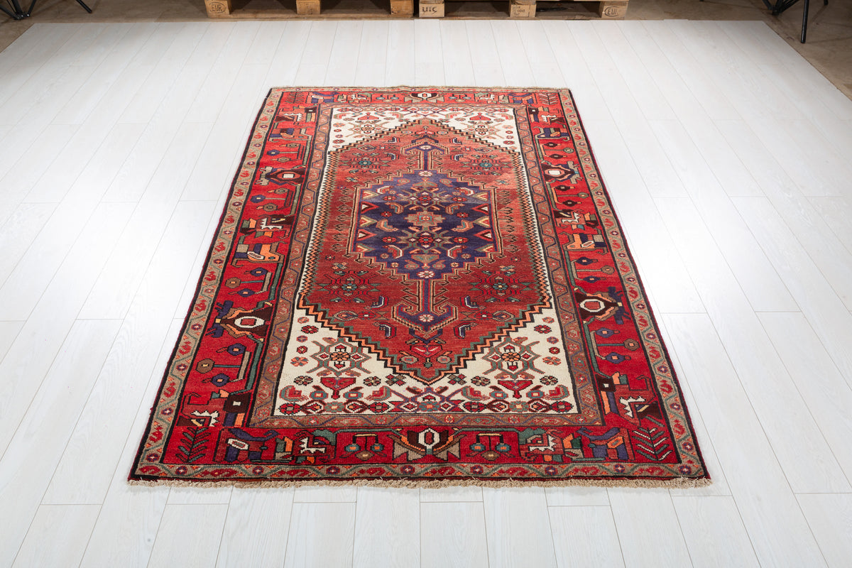 Rare Semi-Antique Rust Red, Navy Blue, Beige Central Medallion Hand-Knotted Area Rug – 6' 9" x 4' 7" (207 x 140 cm)
