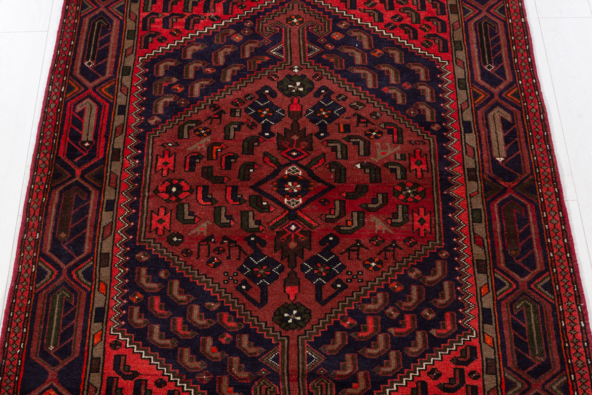 Vintage Rust Red, Coral, Navy Blue Central Medallion Hand-Knotted Area Rug – 6' 2" x 4' 2" (187 x 126 cm)