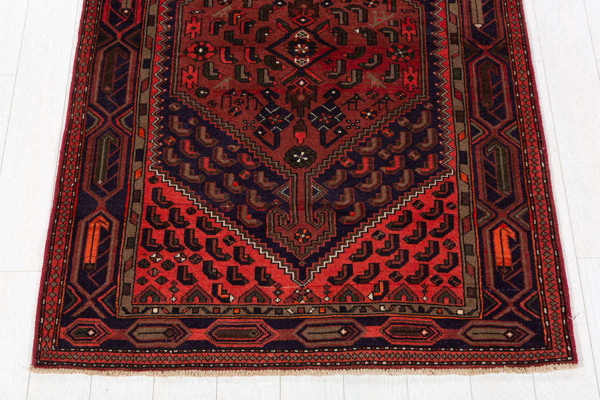 Vintage Rust Red, Coral, Navy Blue Central Medallion Hand-Knotted Area Rug – 6' 2" x 4' 2" (187 x 126 cm)