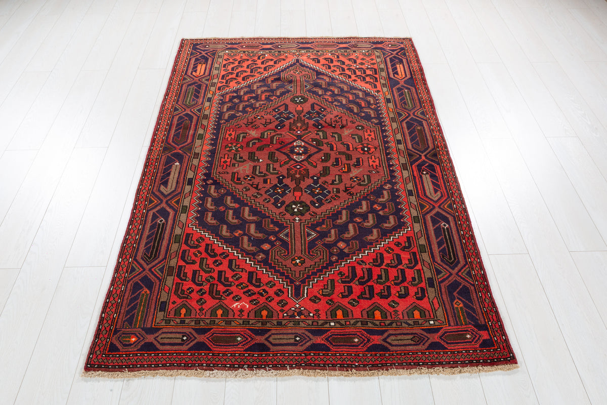 Vintage Rust Red, Coral, Navy Blue Central Medallion Hand-Knotted Area Rug – 6' 2" x 4' 2" (187 x 126 cm)