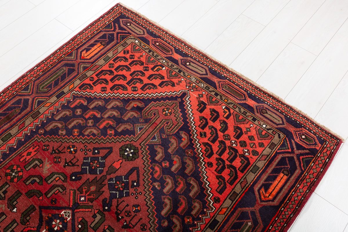 Vintage Rust Red, Coral, Navy Blue Central Medallion Hand-Knotted Area Rug – 6' 2" x 4' 2" (187 x 126 cm)