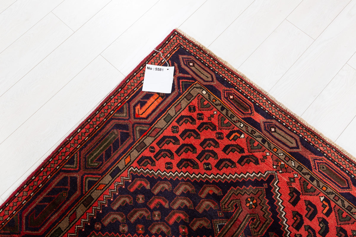 Vintage Rust Red, Coral, Navy Blue Central Medallion Hand-Knotted Area Rug – 6' 2" x 4' 2" (187 x 126 cm)