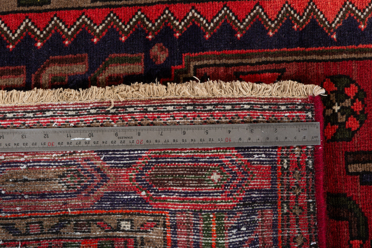 Vintage Rust Red, Coral, Navy Blue Central Medallion Hand-Knotted Area Rug – 6' 2" x 4' 2" (187 x 126 cm)