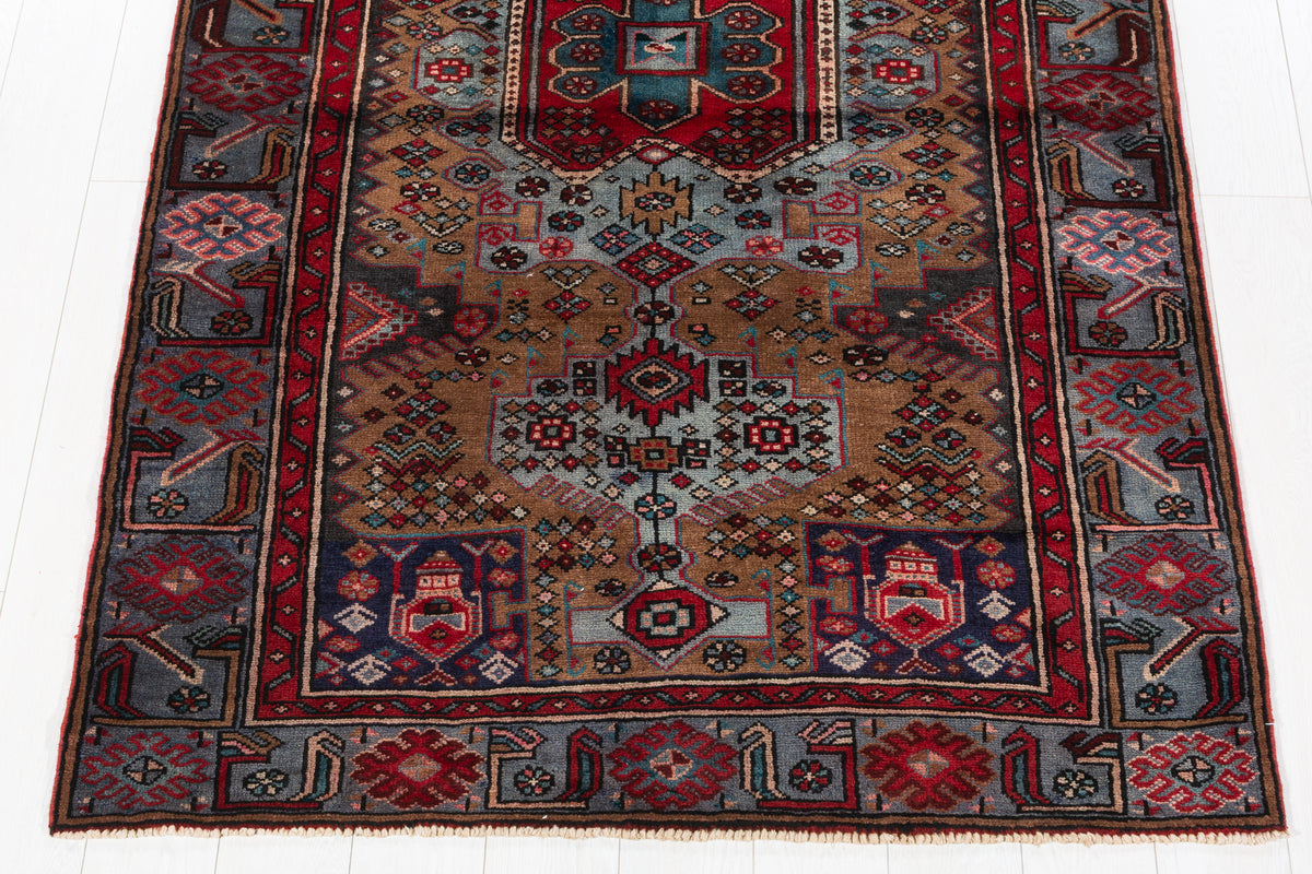 Rare Vintage Brown, Turquoise Blue Allover Geometric Hand-Knotted Area Rug – 7' 2" x 4' 6" (219 x 136 cm)