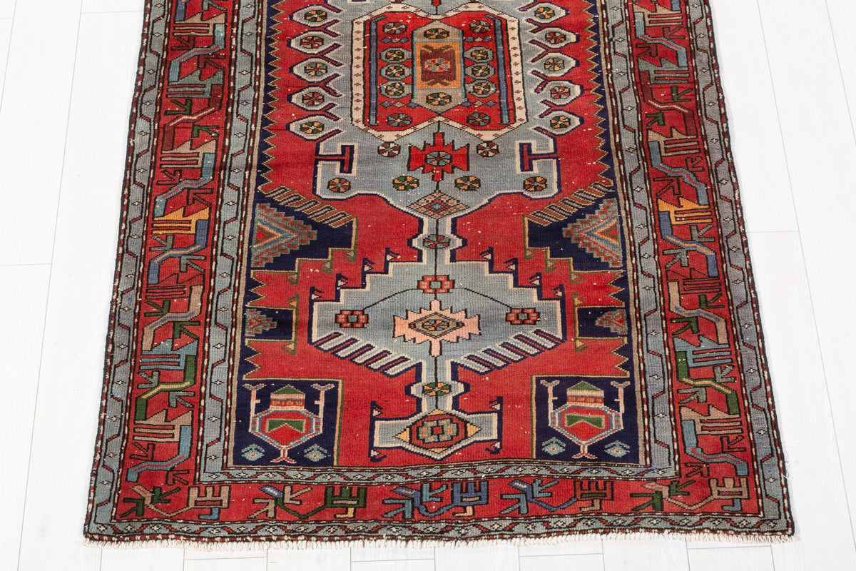 Rare Vintage Red, Light Blue Central Medallion Hand-Knotted Area Rug – 6' 10" x 4' 0" (208 x 122 cm)