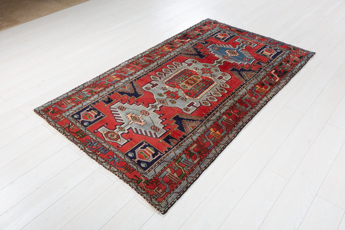 Rare Vintage Red, Light Blue Central Medallion Hand-Knotted Area Rug – 6' 10" x 4' 0" (208 x 122 cm)