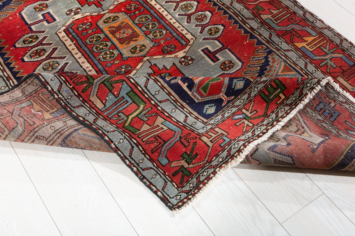 Rare Vintage Red, Light Blue Central Medallion Hand-Knotted Area Rug – 6' 10" x 4' 0" (208 x 122 cm)