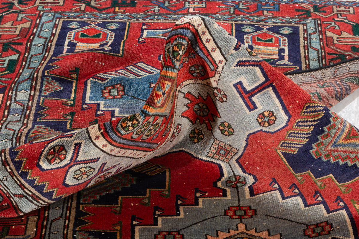 Rare Vintage Red, Light Blue Central Medallion Hand-Knotted Area Rug – 6' 10" x 4' 0" (208 x 122 cm)