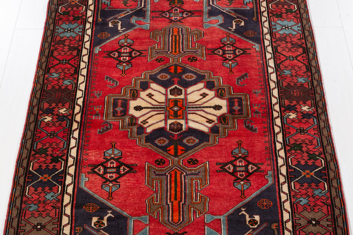 Rare Vintage Coral Red, Navy Blue Geometric Medallion Hand-Knotted Area Rug – 6' 5" x 4' 3" (195 x 130 cm)
