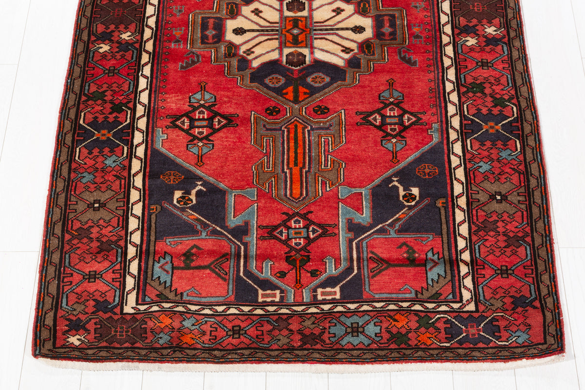 Rare Vintage Coral Red, Navy Blue Geometric Medallion Hand-Knotted Area Rug – 6' 5" x 4' 3" (195 x 130 cm)