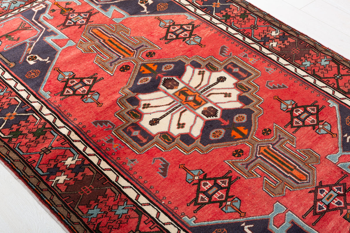 Rare Vintage Coral Red, Navy Blue Geometric Medallion Hand-Knotted Area Rug – 6' 5" x 4' 3" (195 x 130 cm)