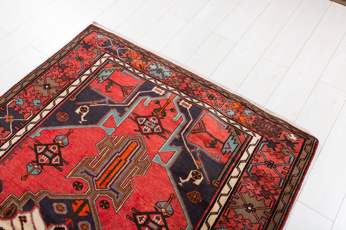 Rare Vintage Coral Red, Navy Blue Geometric Medallion Hand-Knotted Area Rug – 6' 5" x 4' 3" (195 x 130 cm)