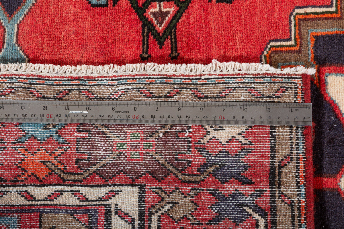 Rare Vintage Coral Red, Navy Blue Geometric Medallion Hand-Knotted Area Rug – 6' 5" x 4' 3" (195 x 130 cm)