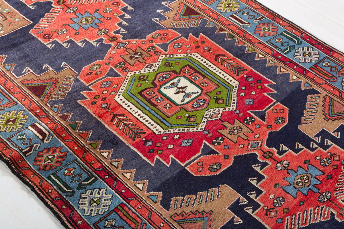 Rare Vintage Red, Navy Blue, Light Blue, Green and Brown Pictorial Geometric Hand-Knotted Area Rug – 6' 8" x 4' 3" (203 x 130 cm)