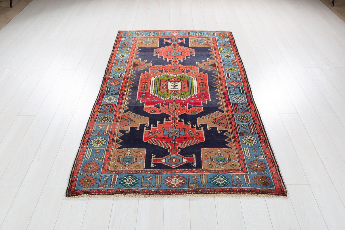 Rare Vintage Red, Navy Blue, Light Blue, Green and Brown Pictorial Geometric Hand-Knotted Area Rug – 6' 8" x 4' 3" (203 x 130 cm)