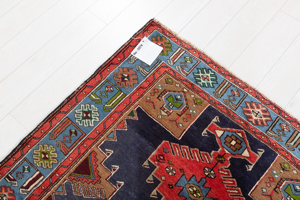 Rare Vintage Red, Navy Blue, Light Blue, Green and Brown Pictorial Geometric Hand-Knotted Area Rug – 6' 8" x 4' 3" (203 x 130 cm)