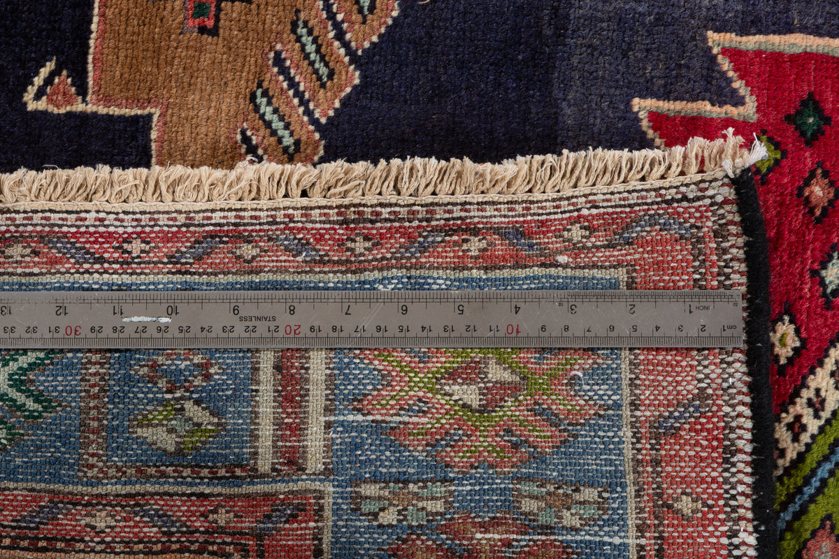 Rare Vintage Red, Navy Blue, Light Blue, Green and Brown Pictorial Geometric Hand-Knotted Area Rug – 6' 8" x 4' 3" (203 x 130 cm)