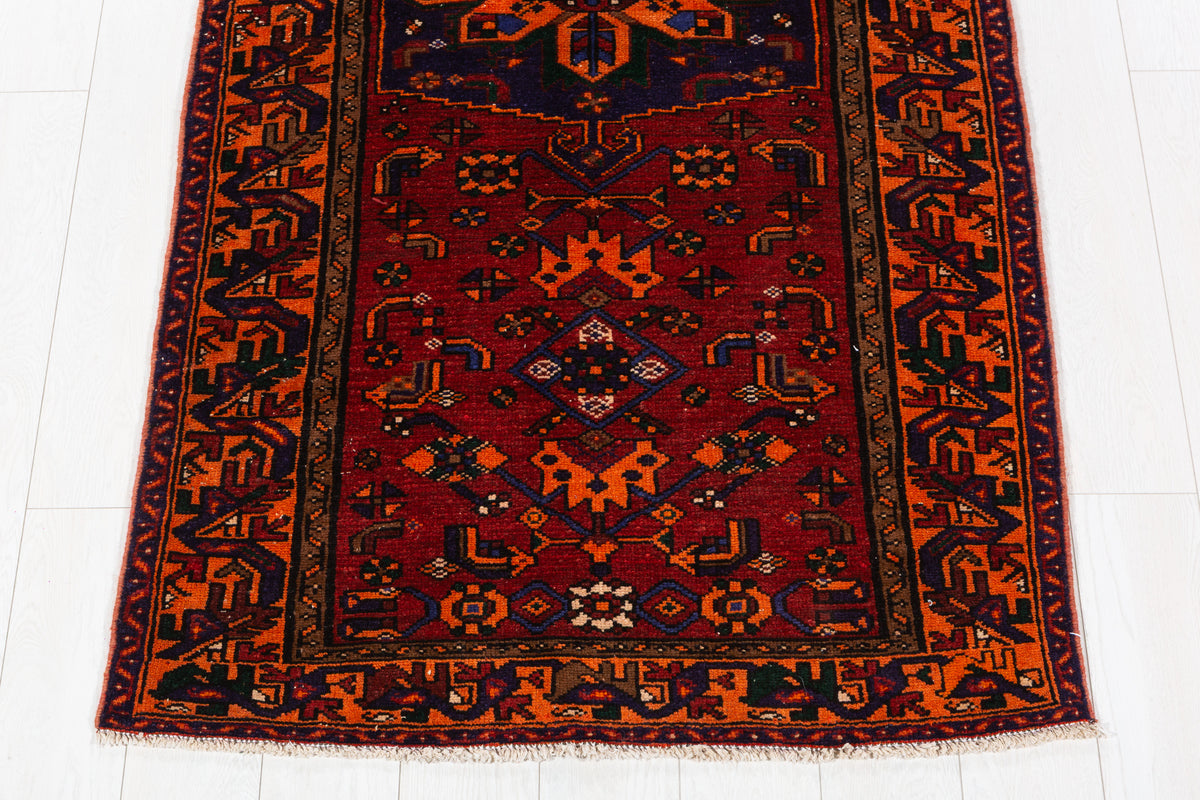Rare Vintage Rust Red, Navy Blue, Orange Allover Geometric Hand-Knotted Area Rug – 6' 6" x 3' 5" (198 x 104 cm)