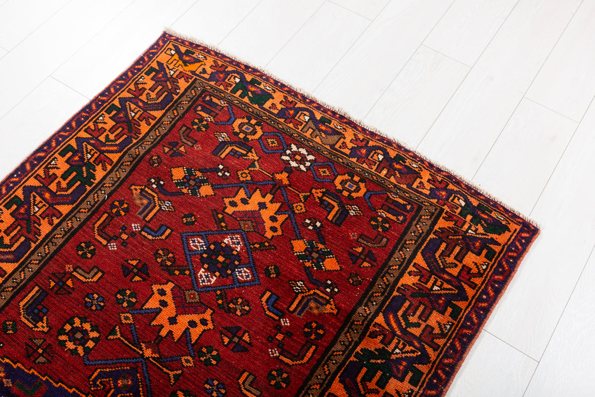 Rare Vintage Rust Red, Navy Blue, Orange Allover Geometric Hand-Knotted Area Rug – 6' 6" x 3' 5" (198 x 104 cm)