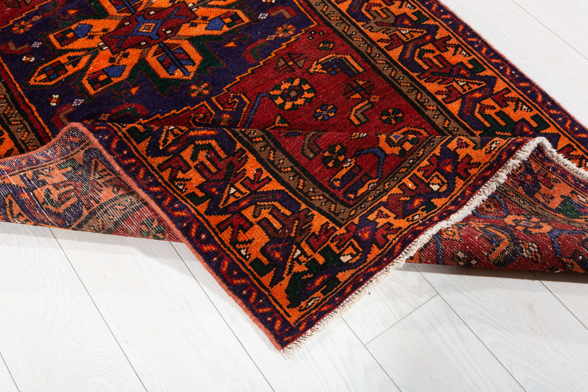 Rare Vintage Rust Red, Navy Blue, Orange Allover Geometric Hand-Knotted Area Rug – 6' 6" x 3' 5" (198 x 104 cm)