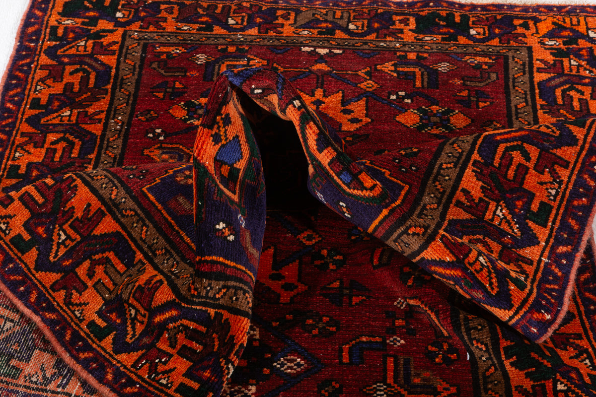 Rare Vintage Rust Red, Navy Blue, Orange Allover Geometric Hand-Knotted Area Rug – 6' 6" x 3' 5" (198 x 104 cm)