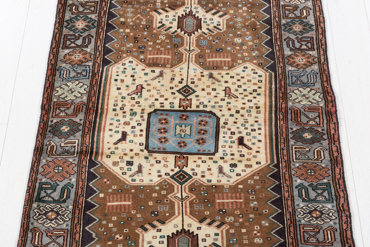 Vintage Brown, Beige, Light Blue Geometric Medallion Hand-Knotted Area Rug – 6' 4" x 3' 5" (193 x 103 cm)