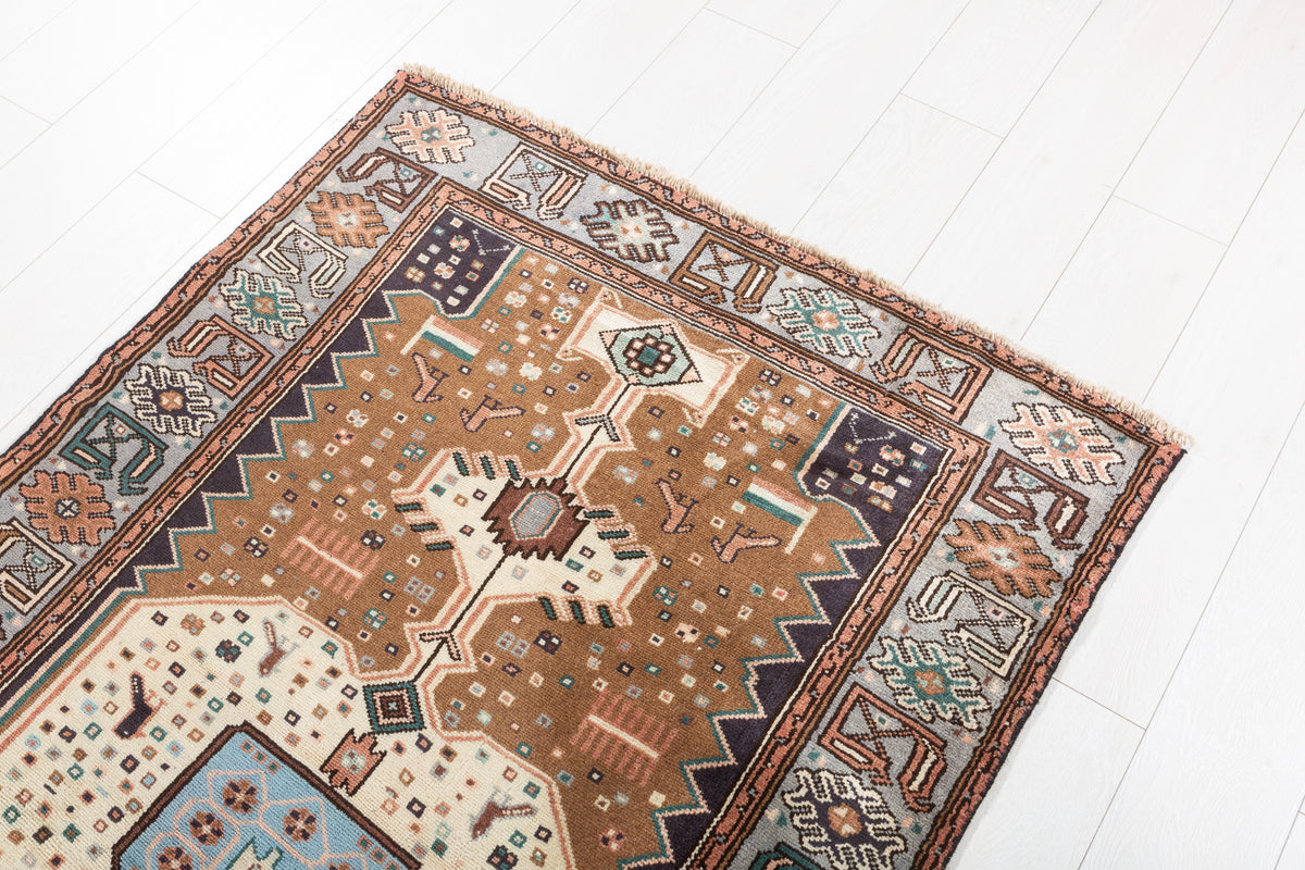 Vintage Brown, Beige, Light Blue Geometric Medallion Hand-Knotted Area Rug – 6' 4" x 3' 5" (193 x 103 cm)