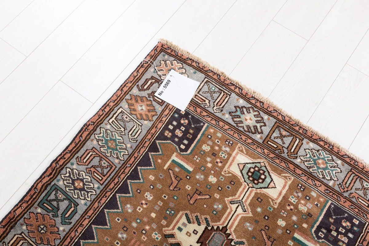 Vintage Brown, Beige, Light Blue Geometric Medallion Hand-Knotted Area Rug – 6' 4" x 3' 5" (193 x 103 cm)