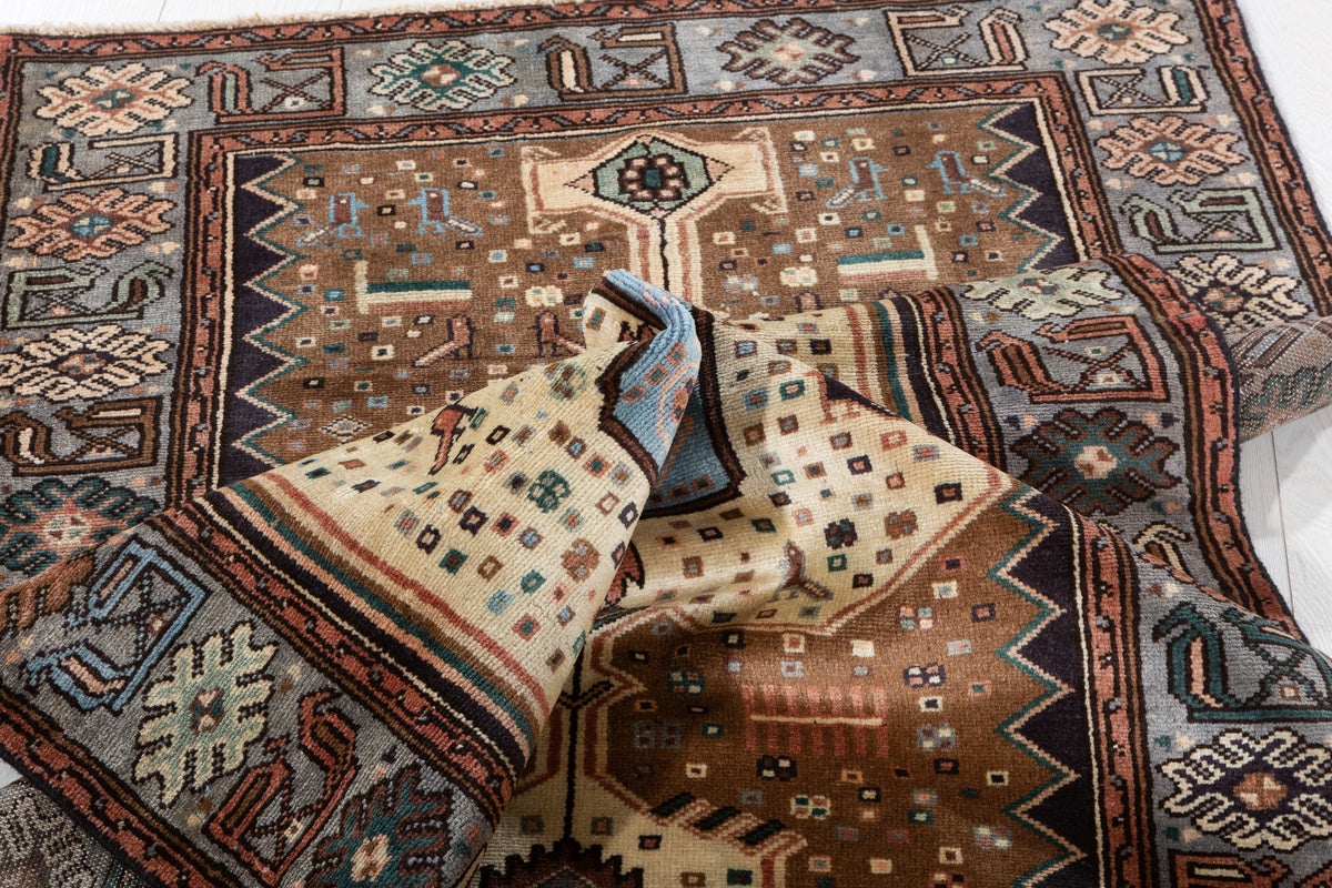 Vintage Brown, Beige, Light Blue Geometric Medallion Hand-Knotted Area Rug – 6' 4" x 3' 5" (193 x 103 cm)