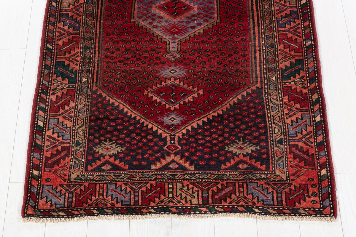 Vintage Rust Red, Salmon Pink Triple Diamond Medallion Hand-Knotted Area Rug – 6' 6" x 3' 8" (198 x 112 cm)