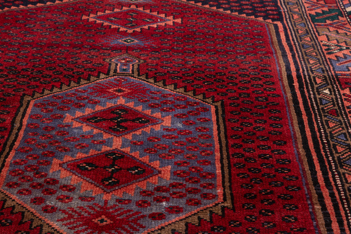 Vintage Rust Red, Salmon Pink Triple Diamond Medallion Hand-Knotted Area Rug – 6' 6" x 3' 8" (198 x 112 cm)