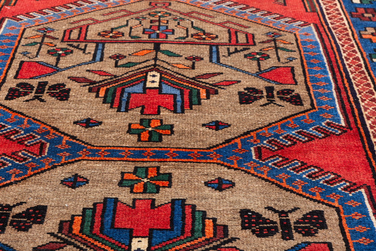 Vintage Brown, Red, and Navy Blue Medallion Geometric Hand-Knotted Area Rug – 6' 7" x 3' 7" (201 x 108 cm)