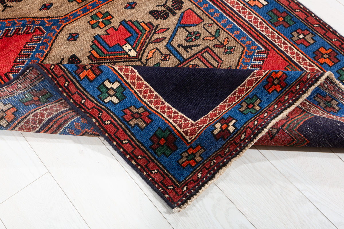 Vintage Brown, Red, and Navy Blue Medallion Geometric Hand-Knotted Area Rug – 6' 7" x 3' 7" (201 x 108 cm)