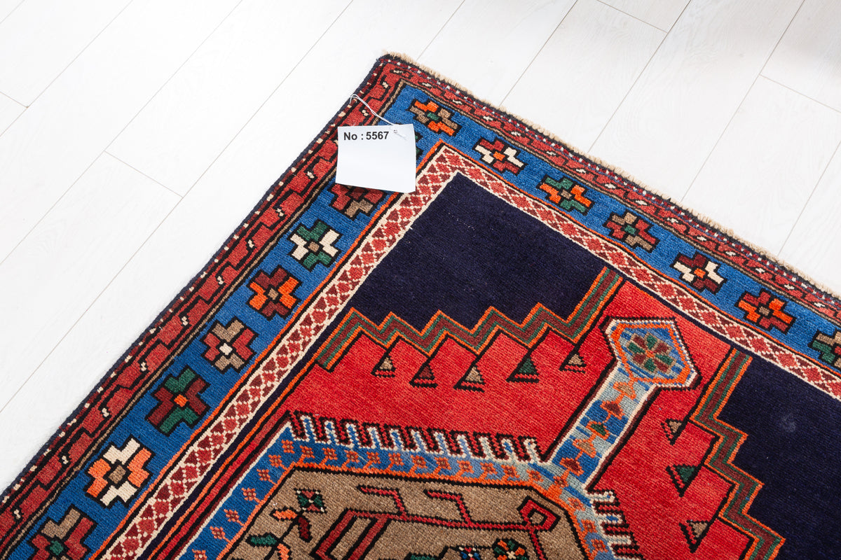 Vintage Brown, Red, and Navy Blue Medallion Geometric Hand-Knotted Area Rug – 6' 7" x 3' 7" (201 x 108 cm)