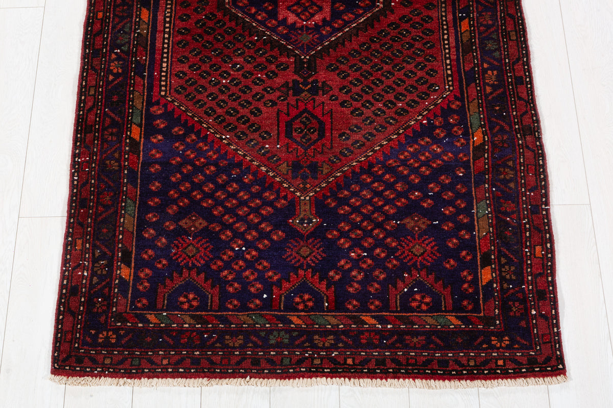 Vintage Rust Red, Navy Blue Allover Diamond Geometric Hand-Knotted Area Rug – 6' 9" x 3' 8" (207 x 111 cm)