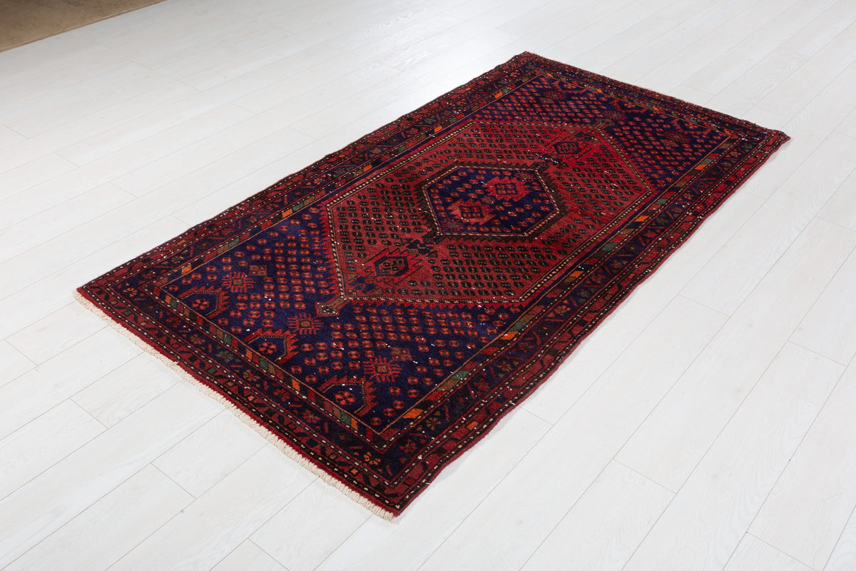 Vintage Rust Red, Navy Blue Allover Diamond Geometric Hand-Knotted Area Rug – 6' 9" x 3' 8" (207 x 111 cm)