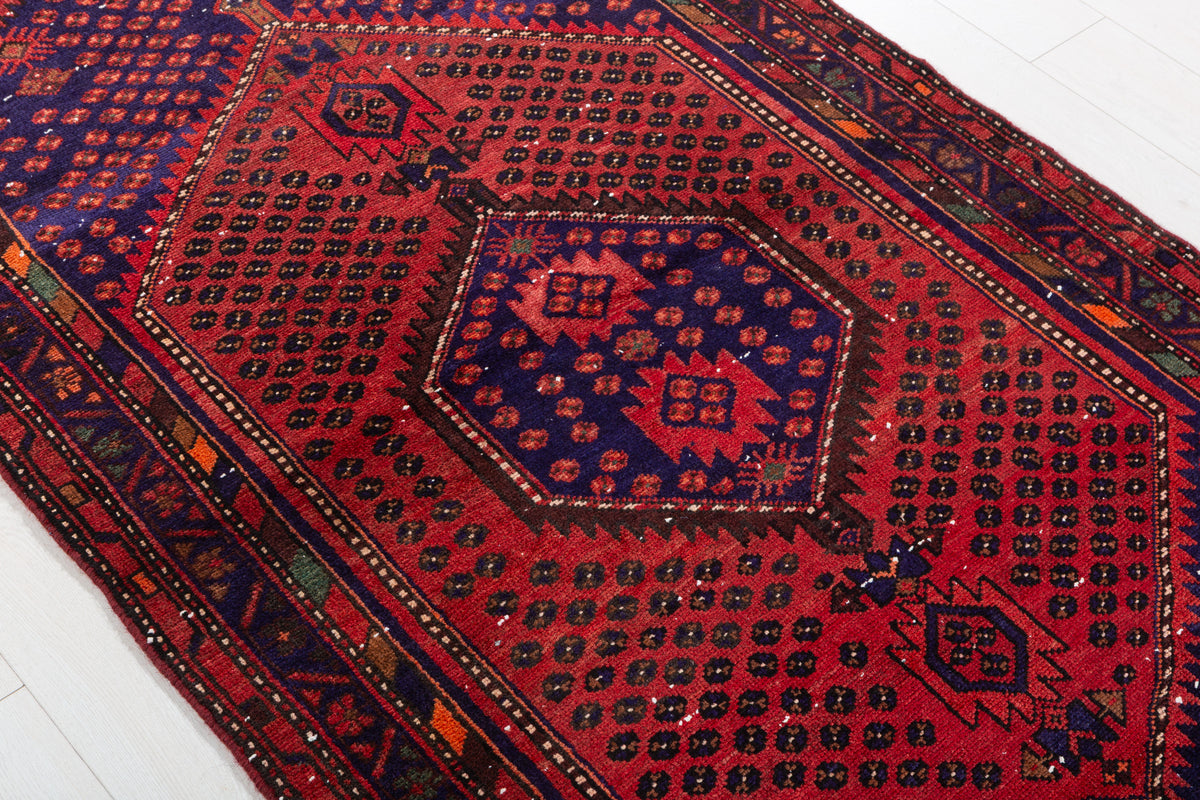 Vintage Rust Red, Navy Blue Allover Diamond Geometric Hand-Knotted Area Rug – 6' 9" x 3' 8" (207 x 111 cm)